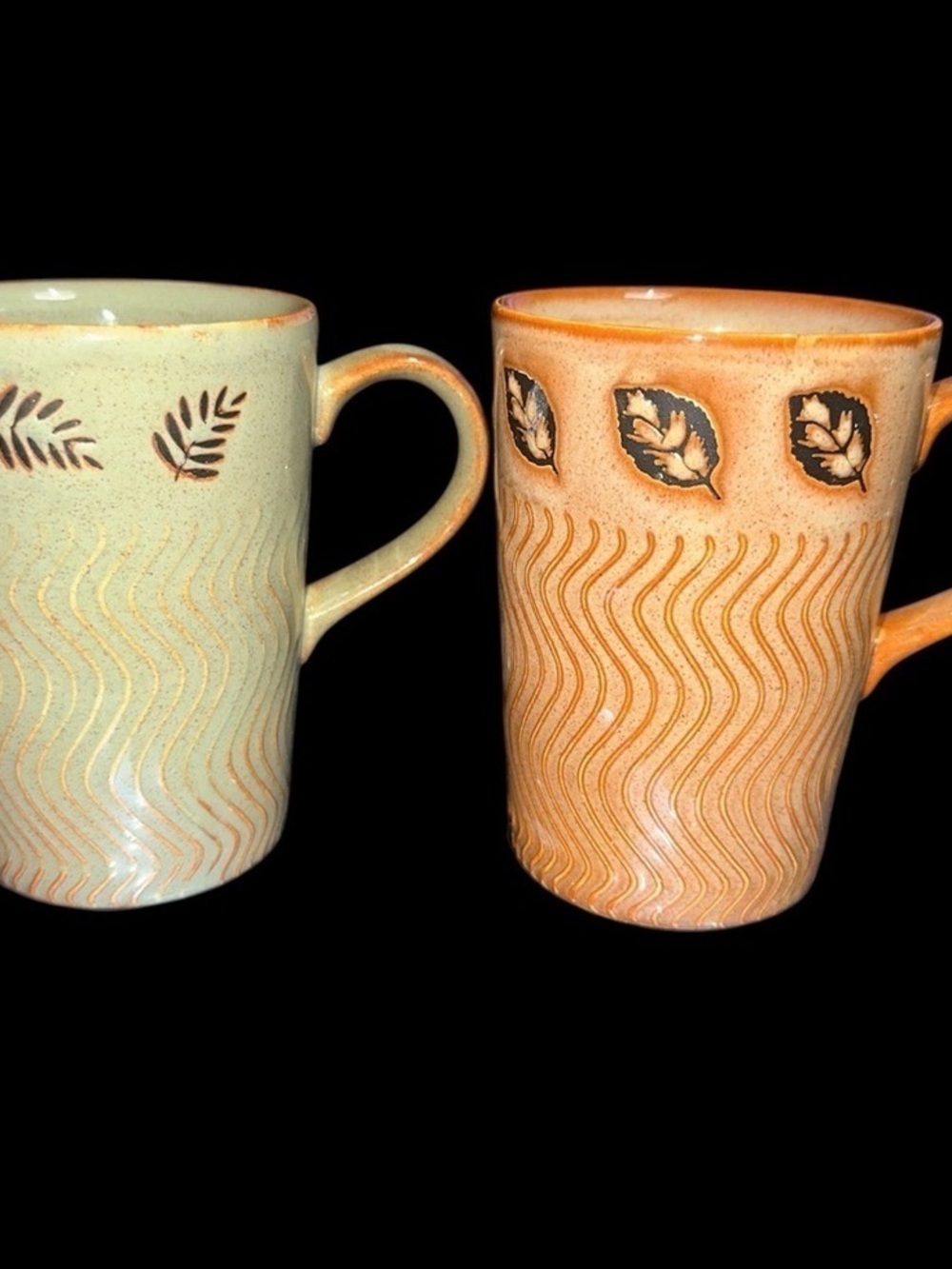 Leaf-Embossed Ceramic Mugs — Green & Orange Set
